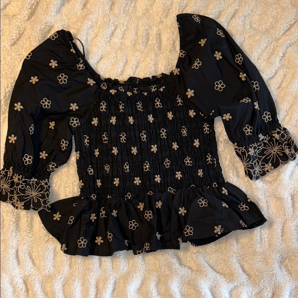 Floral Embroidered Black Top